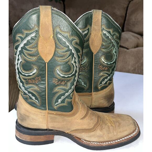 Derramadero Embroidered Western Boots Green/ Brown Leather Men 27.5 US 9.5 - Picture 3 of 10